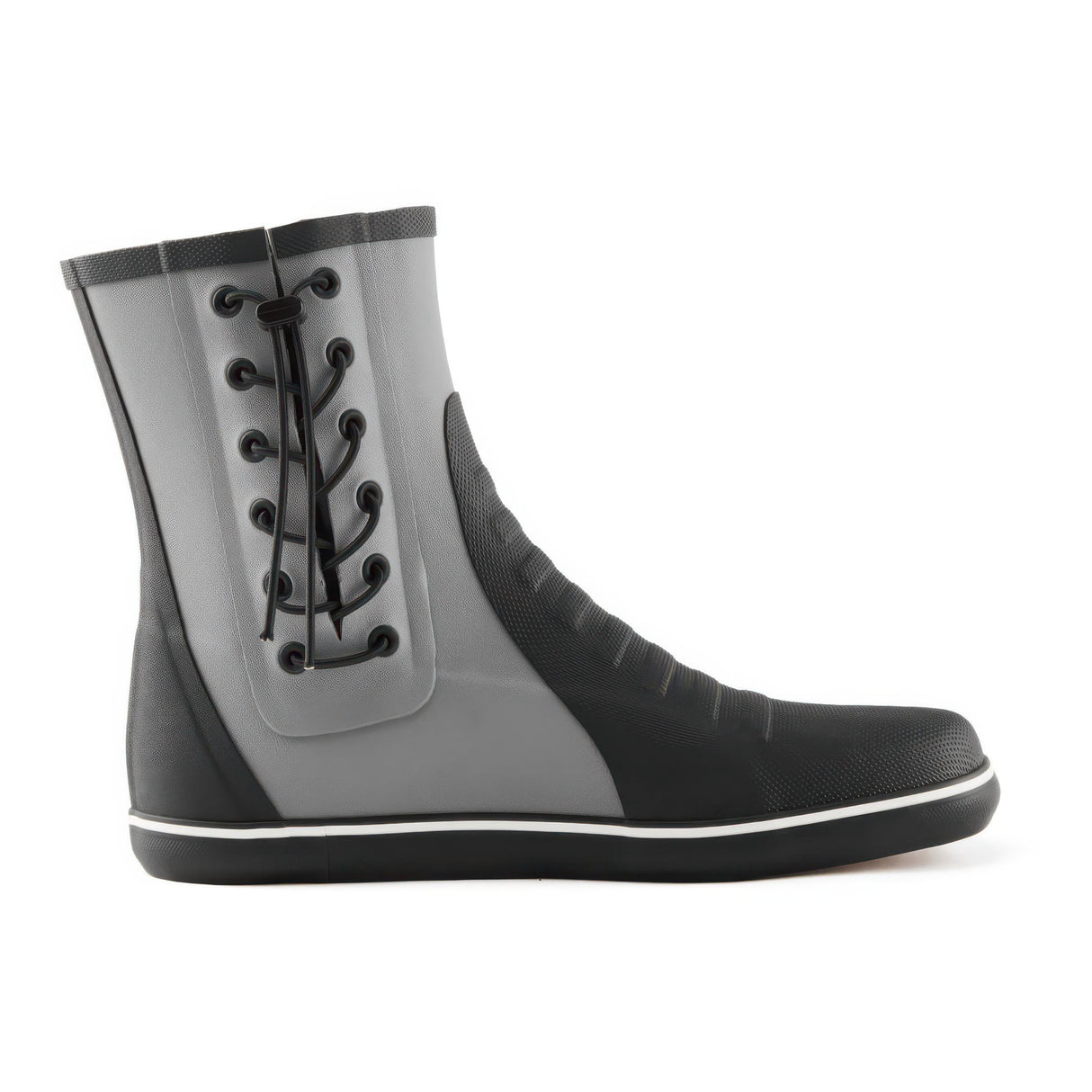 Black and gray rain boot with lace-up design on a white background