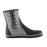 Black and gray rain boot with lace-up design on a white background