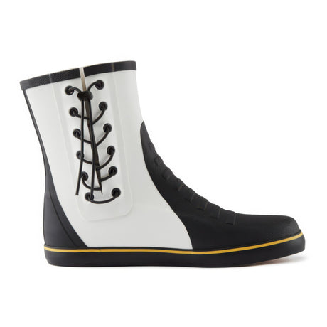 Black and white rain boot with yellow trim on a white background