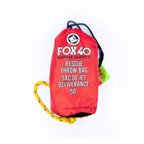 Red rescue throw bag with 'FOX 40 Marine Safety' branding on a white background
