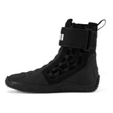 A black high-top athletic boot with a wide adjustable ankle strap and lace-up front, shown in profile against a plain white background.