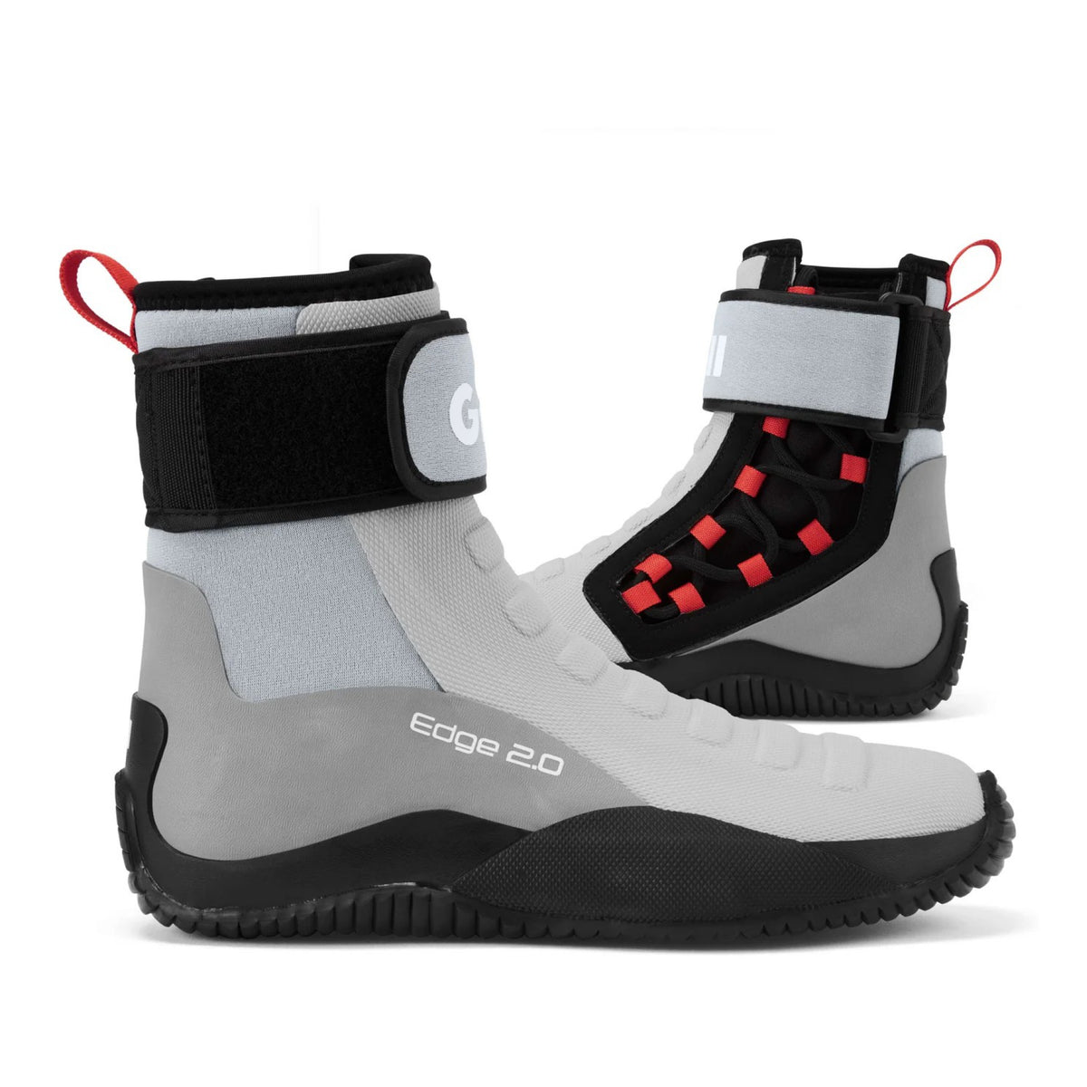 A pair of gray, black, and red high-top protective boots, with the front boot showing 'edge 2.0' branding on the side.