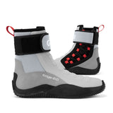 A pair of gray, black, and red high-top protective boots, with the front boot showing 'edge 2.0' branding on the side.