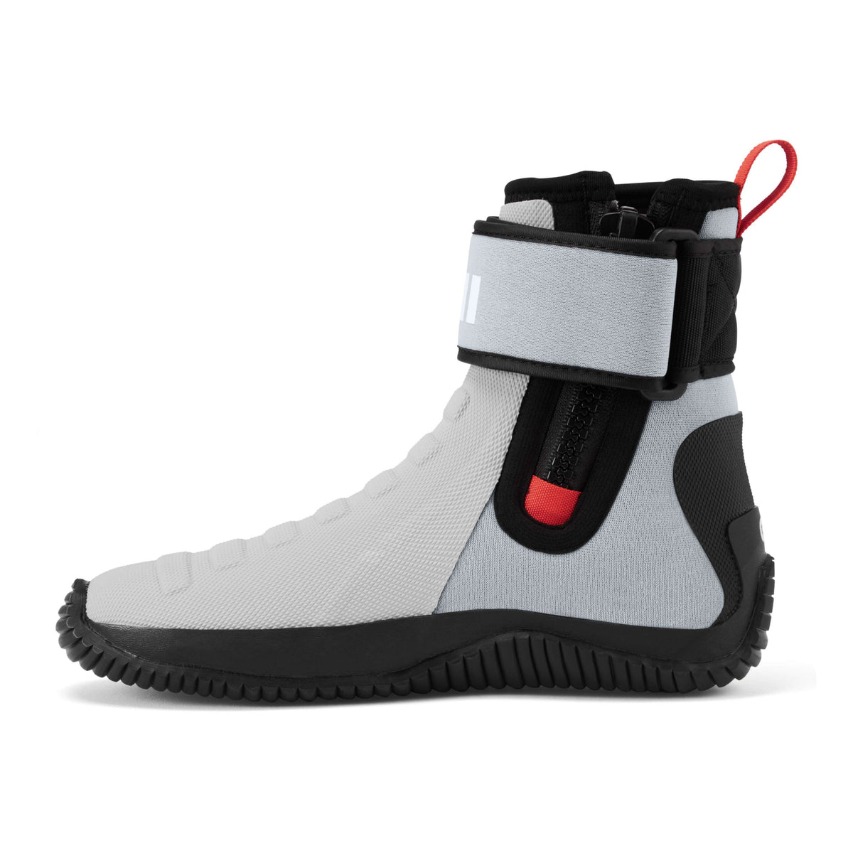A high-top athletic boot in light gray and black with a red accent, shown from the side on a white background.