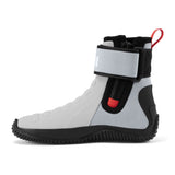 A high-top athletic boot in light gray and black with a red accent, shown from the side on a white background.
