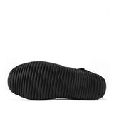 A close-up, top-down view of a black textured shoe sole with horizontal grooves, set against a plain white background.
