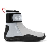 A light gray and black high-top diving boot with a white Gilliga strap and a small red pull loop, shown from a side profile on a white background.