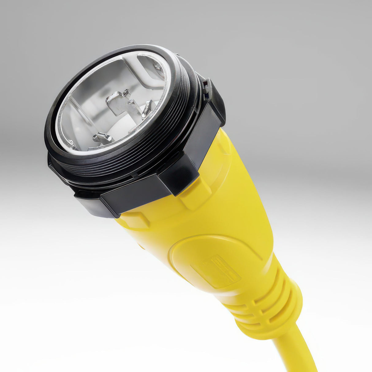 50A Male to 30A Female Adapter 125V angle view.