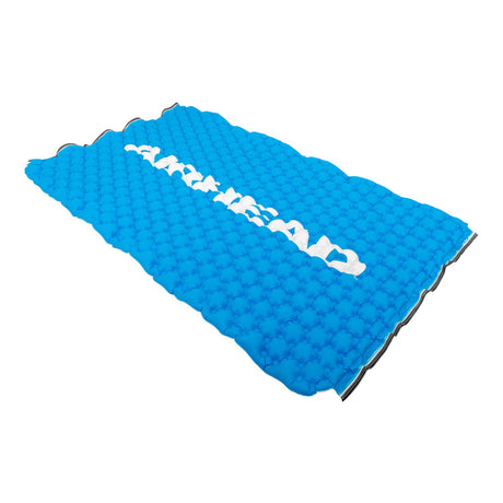 Blue inflatable mat with brand name on a white background