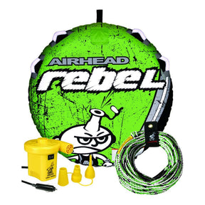 Airhead Rebel water tube with pump and rope on a white background