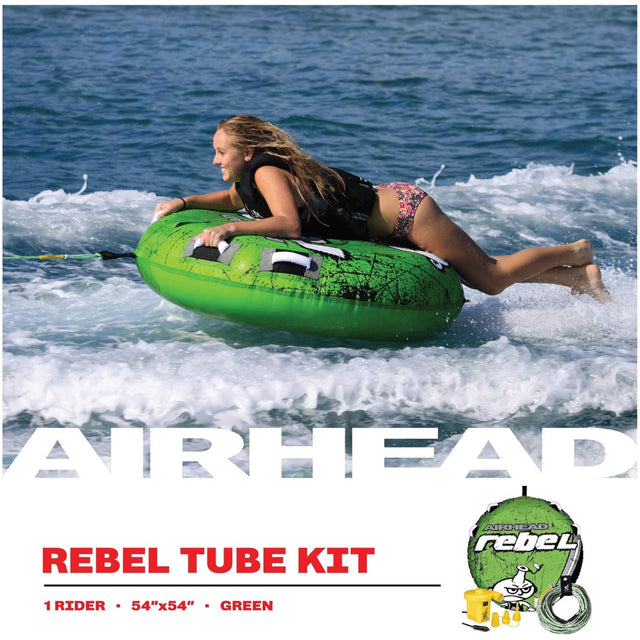 Person using a green Airhead Rebel Tube Kit in the water with brand logos displayed.