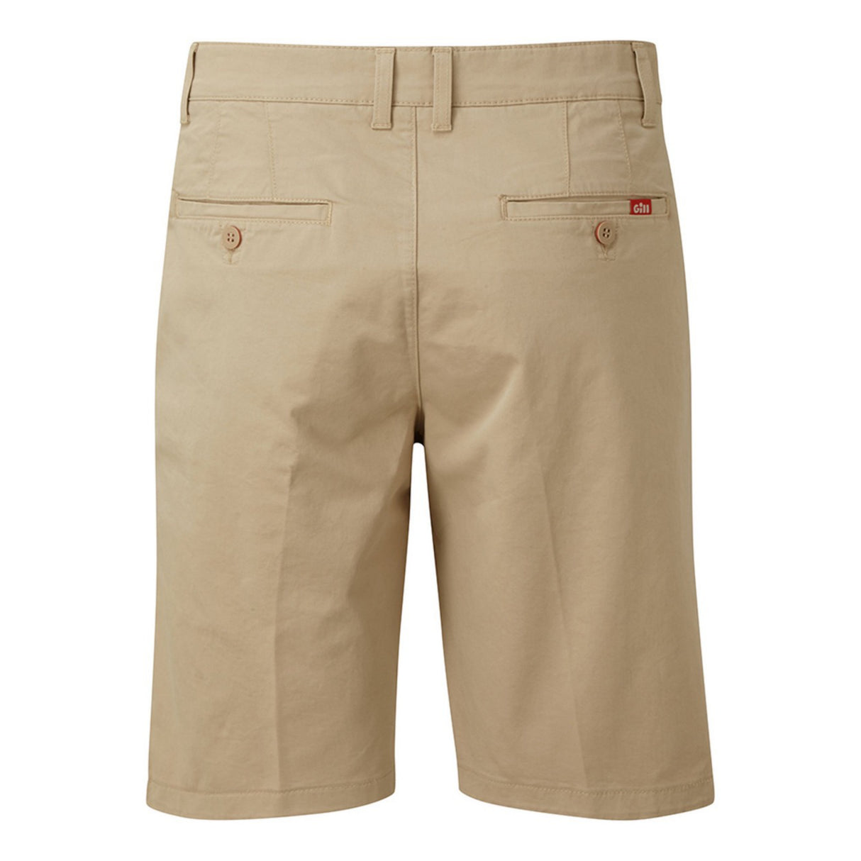 Beige shorts with a brand logo on a white background