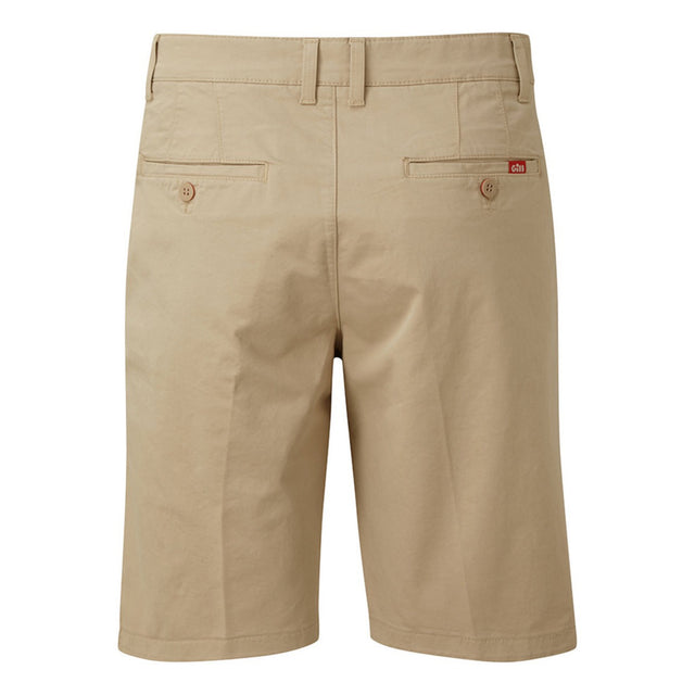 Beige shorts with a brand logo on a white background