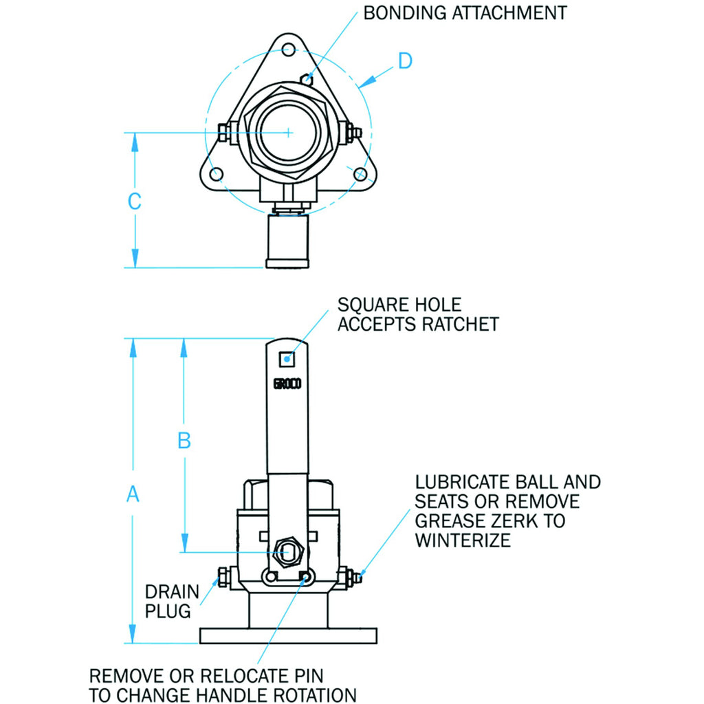 Groco 1" Tri-Flange Seacock diagram