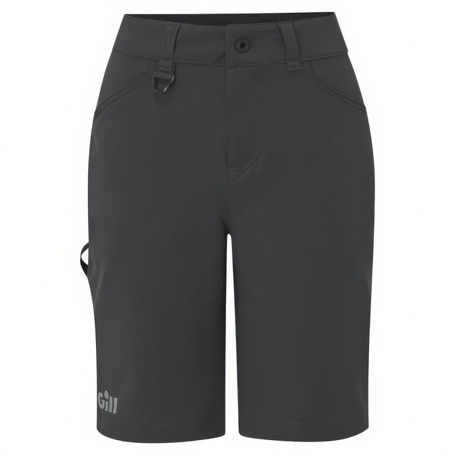 Black shorts with a brand logo on a white background
