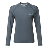 Gray long-sleeve shirt with a brand logo on a white background