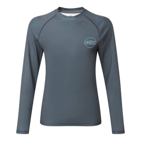 Gray long-sleeve shirt with a brand logo on a white background