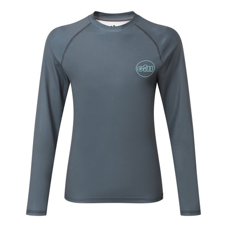 Gray long-sleeve shirt with a brand logo on a white background