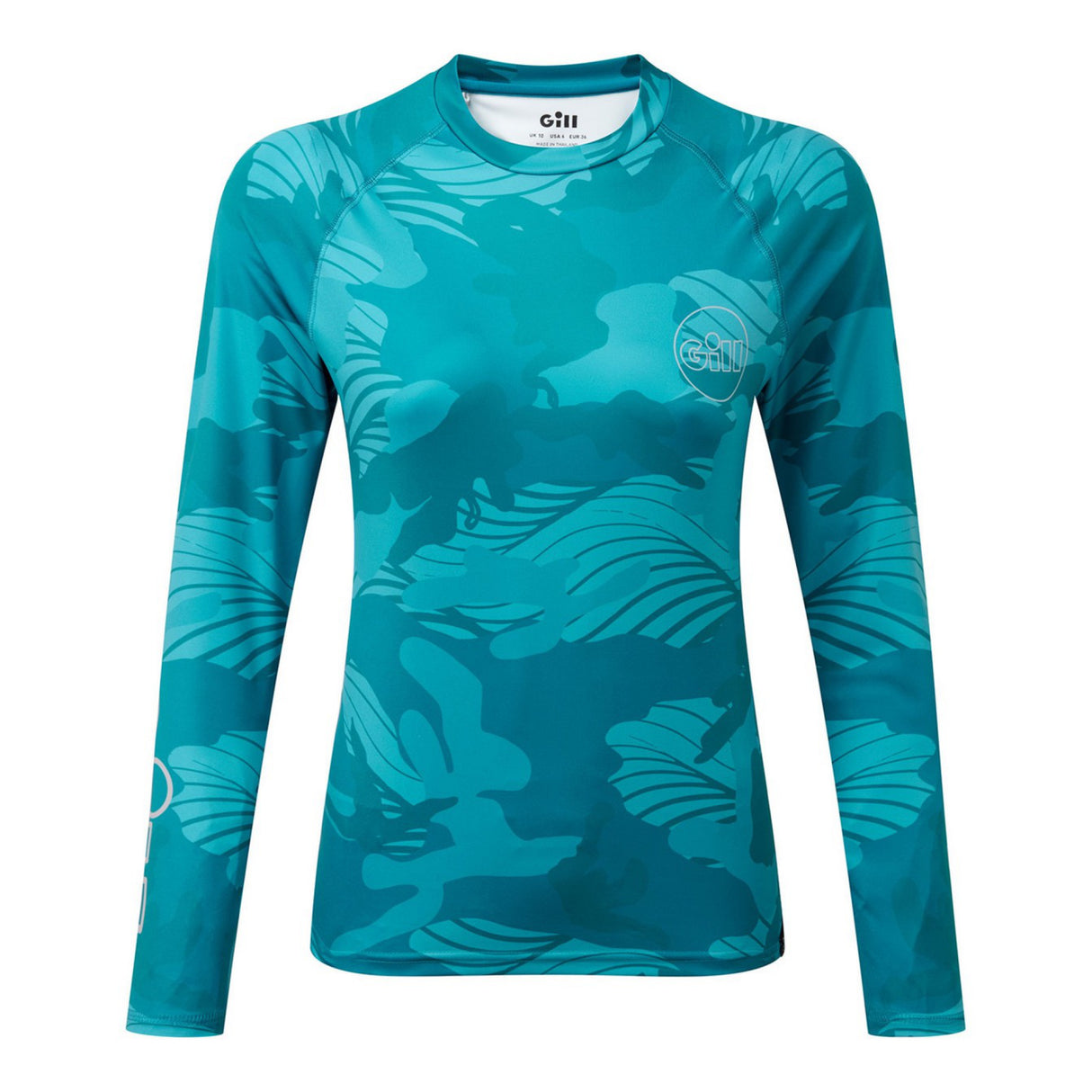 Teal long-sleeve shirt with abstract pattern on a white background