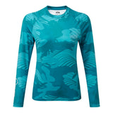 Teal long-sleeve shirt with abstract pattern on a white background