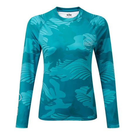 Teal long-sleeve shirt with abstract pattern on a white background