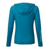Blue hoodie with a logo on the sleeve against a white background