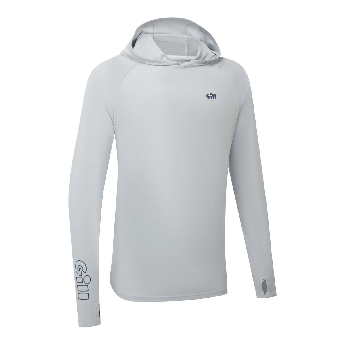 A light gray long-sleeve hooded performance shirt with a small dark blue 'G111' logo on the left chest and a larger vertical 'G111' logo on the right sleeve, shown on a plain white background.