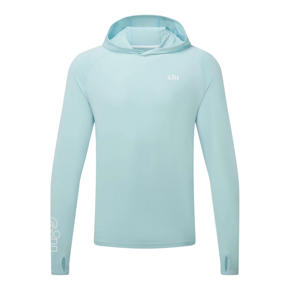 A light blue long-sleeve hooded athletic shirt with a small white 'GTL' logo on the left chest, displayed on a clean white background.