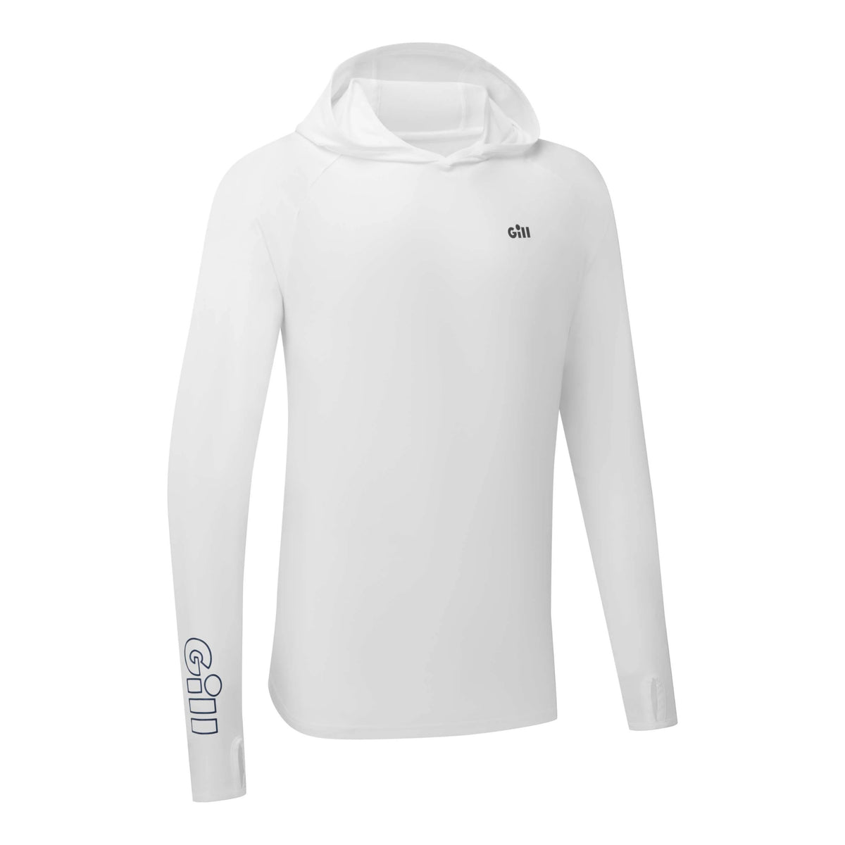 A white long-sleeve hooded athletic shirt with a small black 'GIII' logo on the left chest and a larger vertical black logo on the right sleeve, shown on a plain white background.