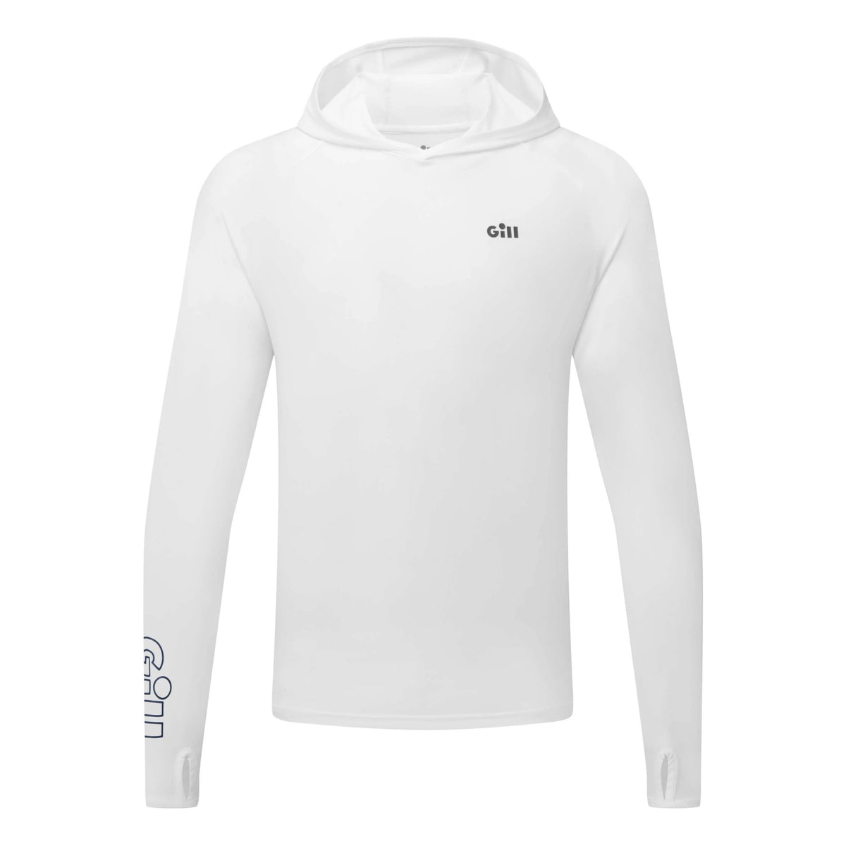 White hoodie with a brand logo on a white background