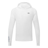 White hoodie with a brand logo on a white background