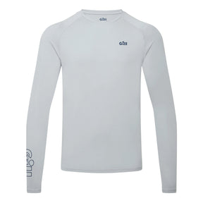 A light gray long-sleeve athletic shirt with a crew neck, featuring a small dark gray 'G11' logo on the left chest and a larger vertical 'G11' logo printed down the right sleeve, shown against a plain white background.