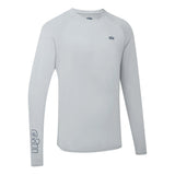 A light gray long-sleeve athletic shirt with a crew neck, featuring a small dark gray 'chii' logo on the left chest and a larger vertical 'chii' logo printed on the right sleeve, shown against a plain white background.