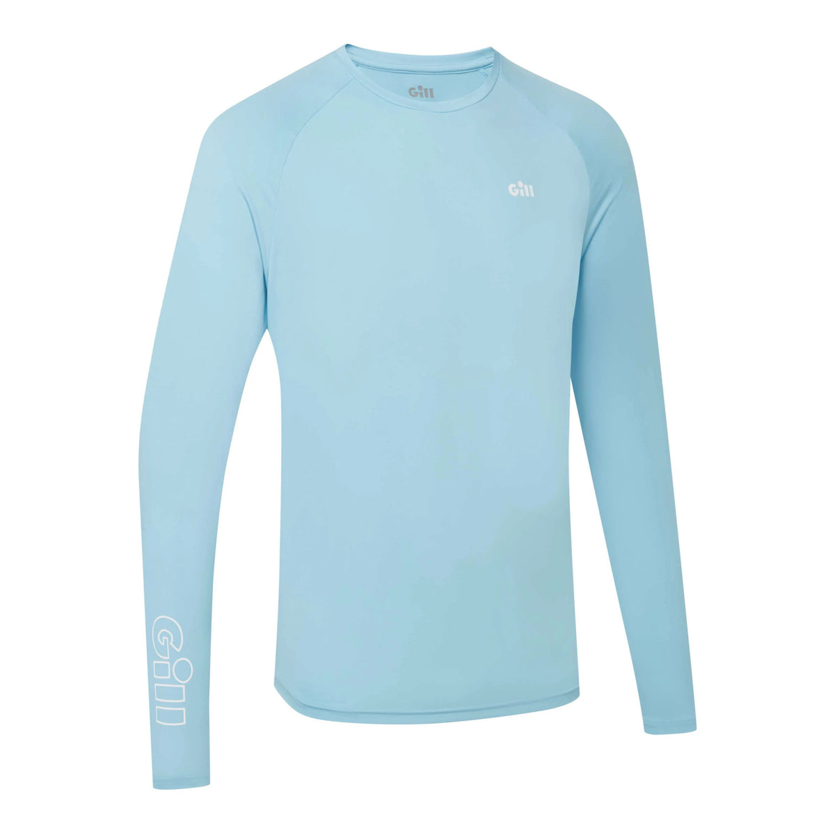 A light blue long-sleeve athletic shirt with a crew neck and a small white 'ebi' logo on the left chest, featuring a larger white 'ebi' logo printed vertically on the right sleeve, shown against a plain white background.