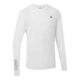 A white long-sleeve athletic shirt with a crew neck, featuring a small black 'chi' logo on the left chest and a larger vertical black 'chi' logo on the right sleeve, shown against a plain white background.