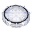 Clear plastic ring with black center on a white background