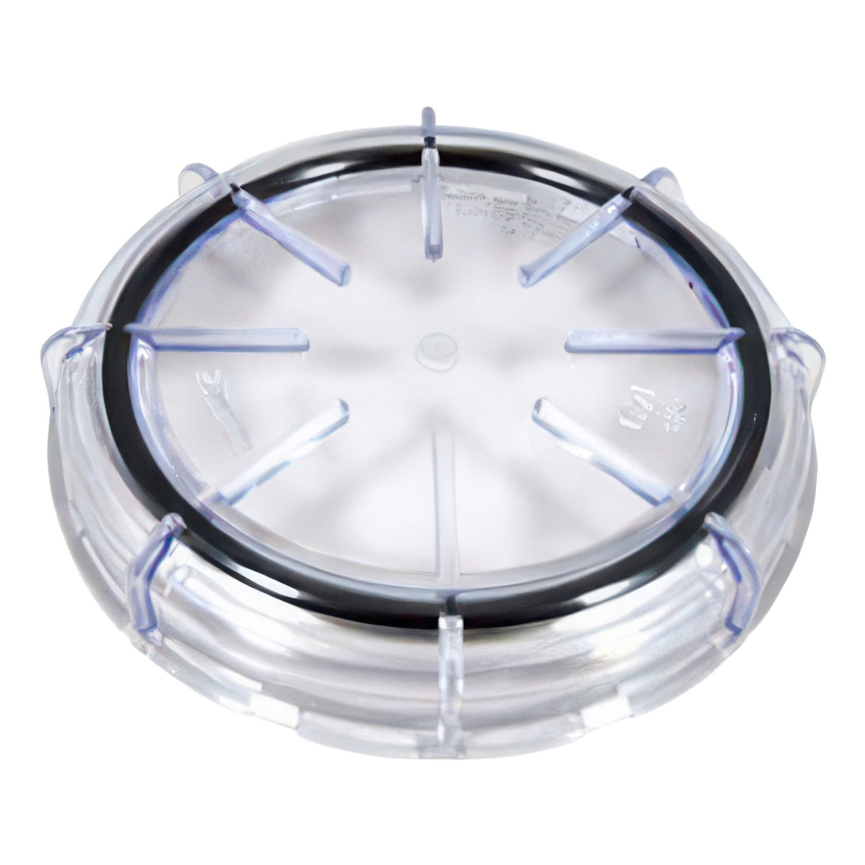 Clear plastic ring with black center on a white background