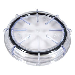 Clear plastic ring with black center on a white background