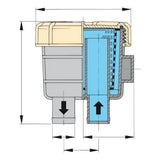 Technical diagram of a valve with labeled parts and dimensions on a white background