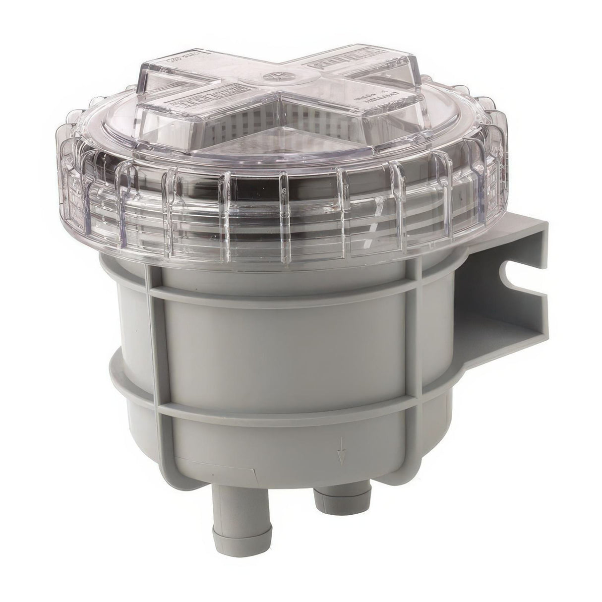 Gray and transparent plastic component on a white background