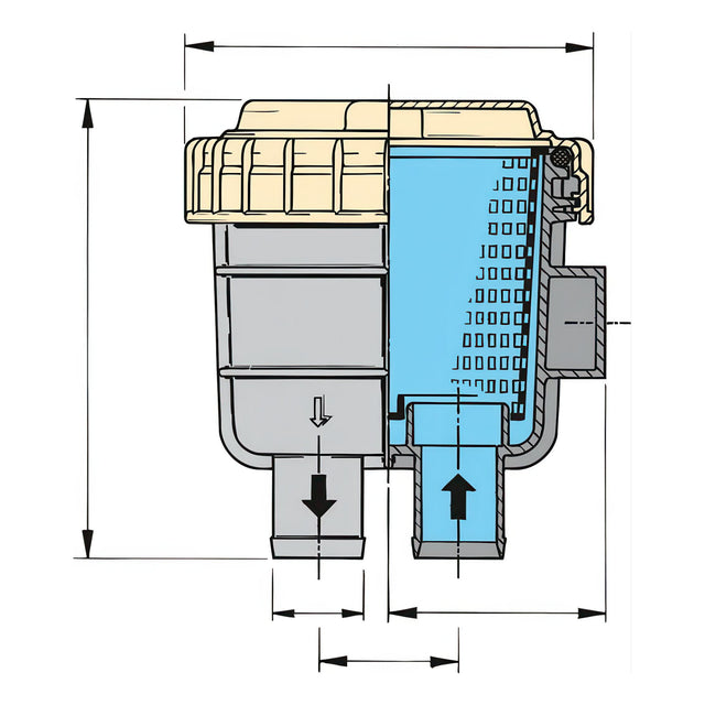 Technical drawing of a mechanical component with labeled parts and dimensions.