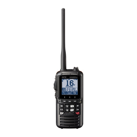 Black handheld radio with screen and antennas on a white background