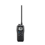Black handheld radio with digital display on a white background