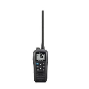 Black handheld radio with digital display on a white background