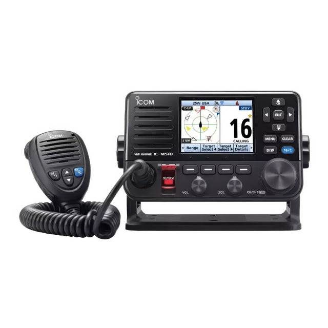 Marine radio with display and microphone on a white background