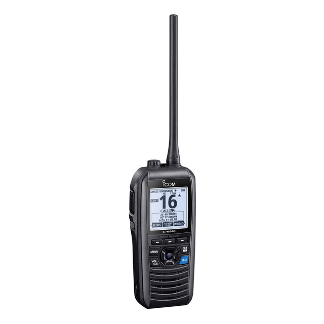 Black handheld radio with digital display on a white background