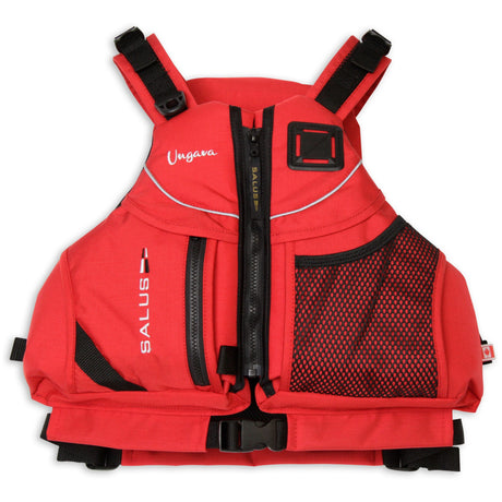 A red Salus life vest with black straps, zippers, and mesh pocket, featuring the Salus and Vegana brand names on the front, shot against a solid white background.
