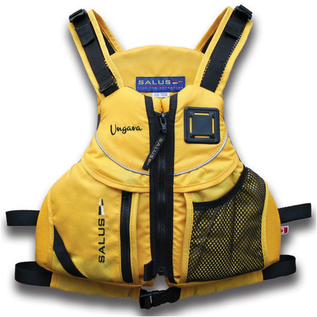 A yellow Salus life jacket with black straps, zippers, and mesh pockets, shown against a plain white background.