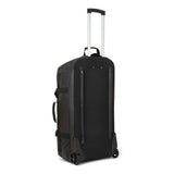 A black rolling duffel bag with an extended silver telescoping handle, shown from a three-quarter angle on a white background.