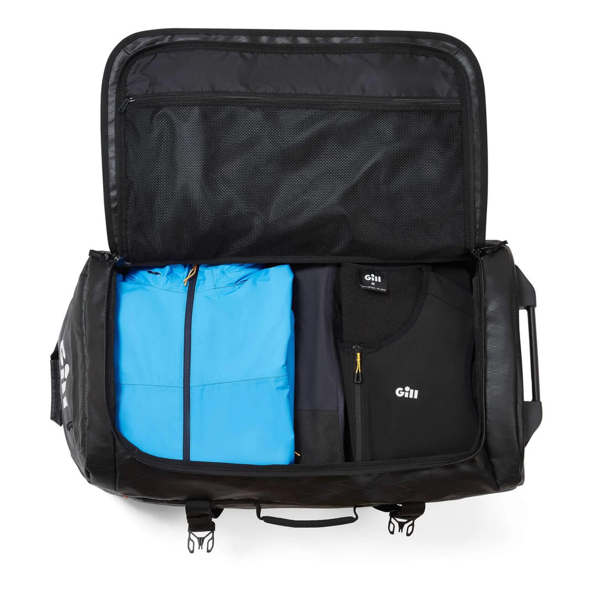 A black rolling luggage bag shown open from above, filled with folded clothing. The bag has a mesh interior, zipper compartments, and visible white 'citi' branding on the packed garments inside.